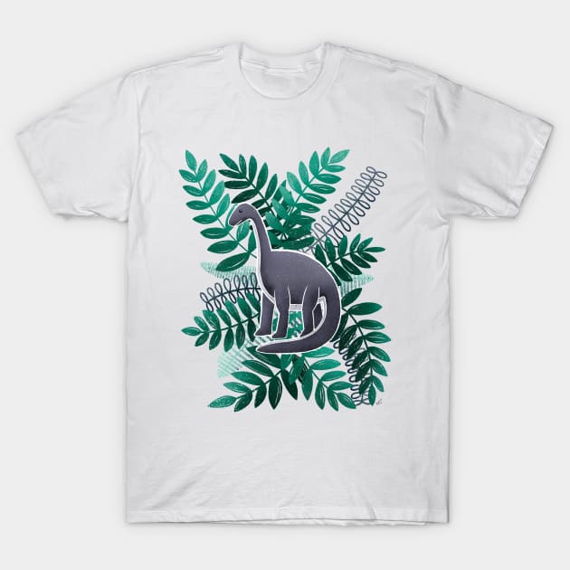 Dinosaur & Leaves - Teal T-Shirt by monitdesign